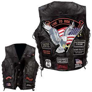 New Black Leather Jackets Vests Motorcycle 14 Pactches 024409390531 