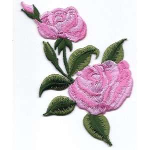  Flowers Pink Roses & Bud   Iron On Embroidered Applique 