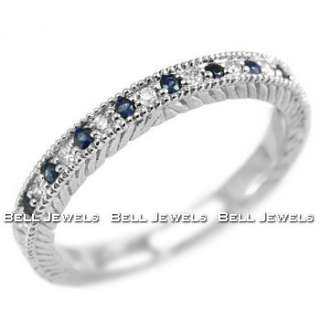 BLUE SAPPHIRE & DIAMOND WEDDING RING BAND 14K WHITE GOLD VINTAGE 